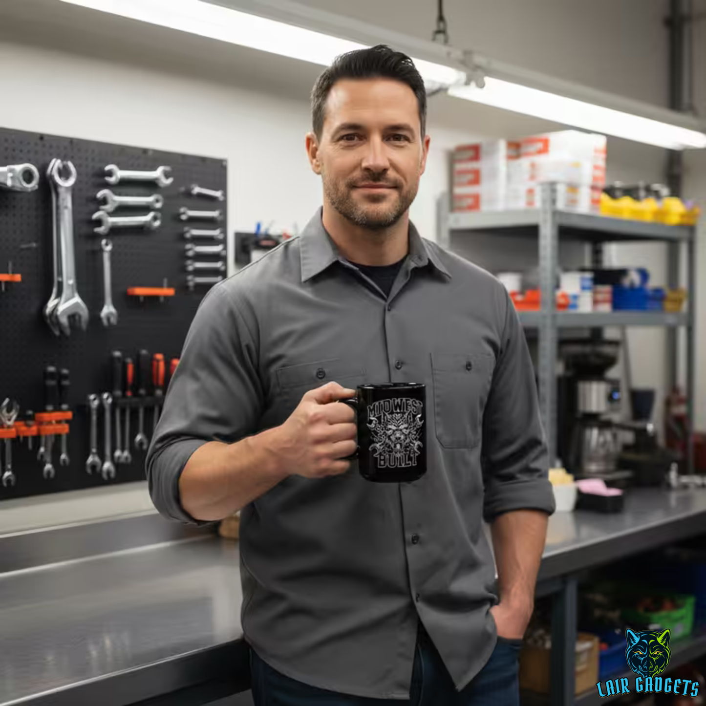 Mechanic Coffee Mug Midwest Built Wolf Design Black Ceramic 15 Oz Garage Gift by Lair Gadgets
