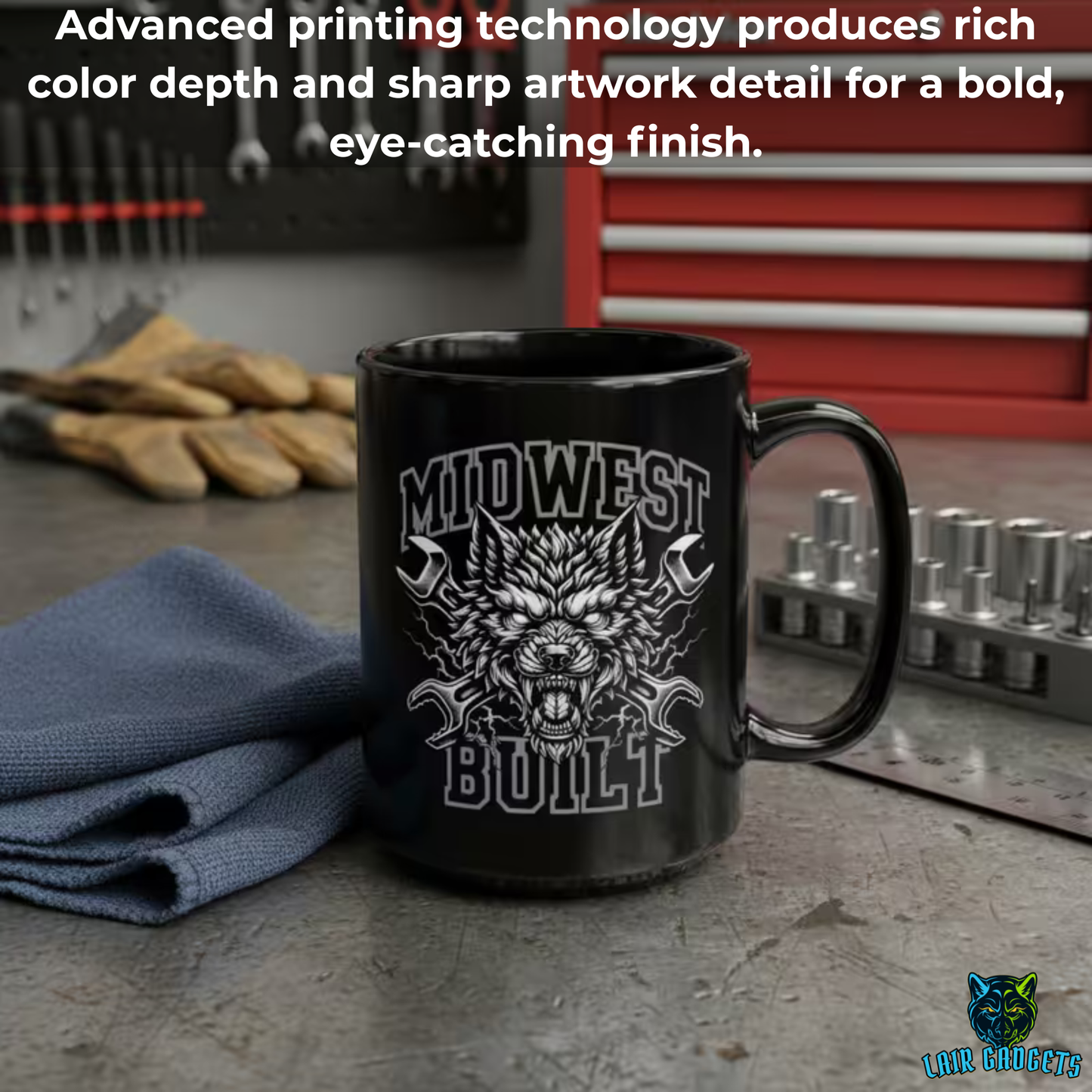 Mechanic Coffee Mug Midwest Built Wolf Design Black Ceramic 15 Oz Garage Gift by Lair Gadgets