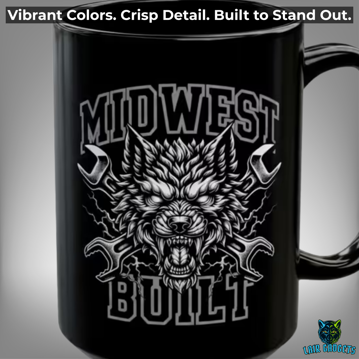 Mechanic Coffee Mug Midwest Built Wolf Design Black Ceramic 15 Oz Garage Gift by Lair Gadgets