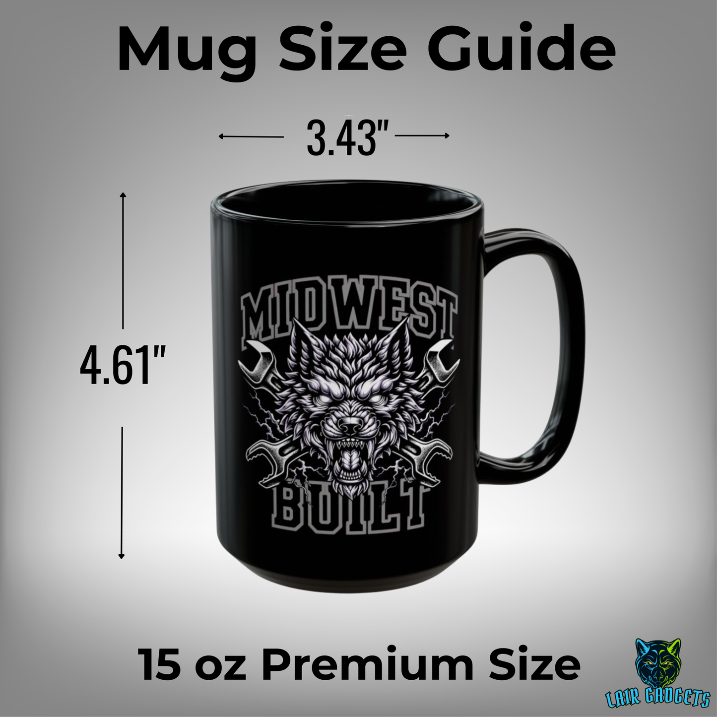 Mechanic Coffee Mug Midwest Built Wolf Design Black Ceramic 15 Oz Garage Gift by Lair Gadgets