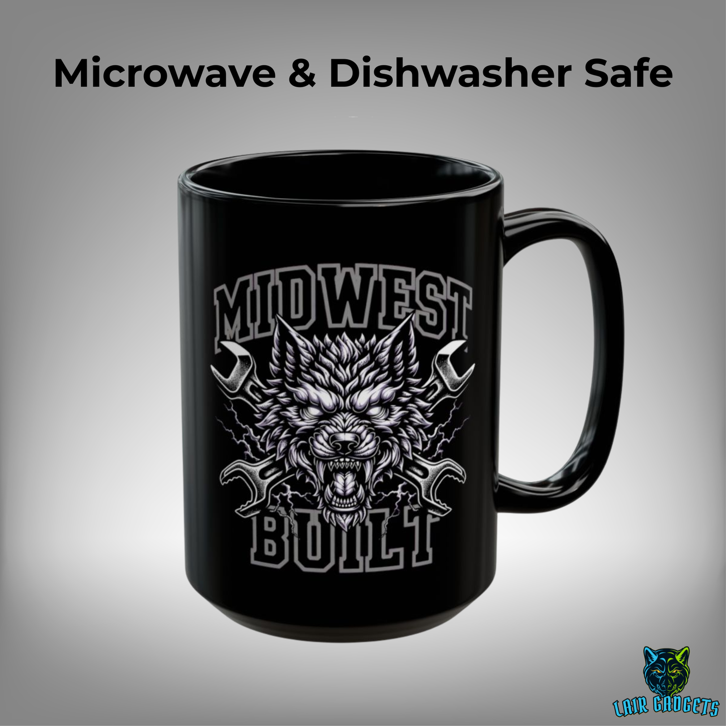 Mechanic Coffee Mug Midwest Built Wolf Design Black Ceramic 15 Oz Garage Gift by Lair Gadgets