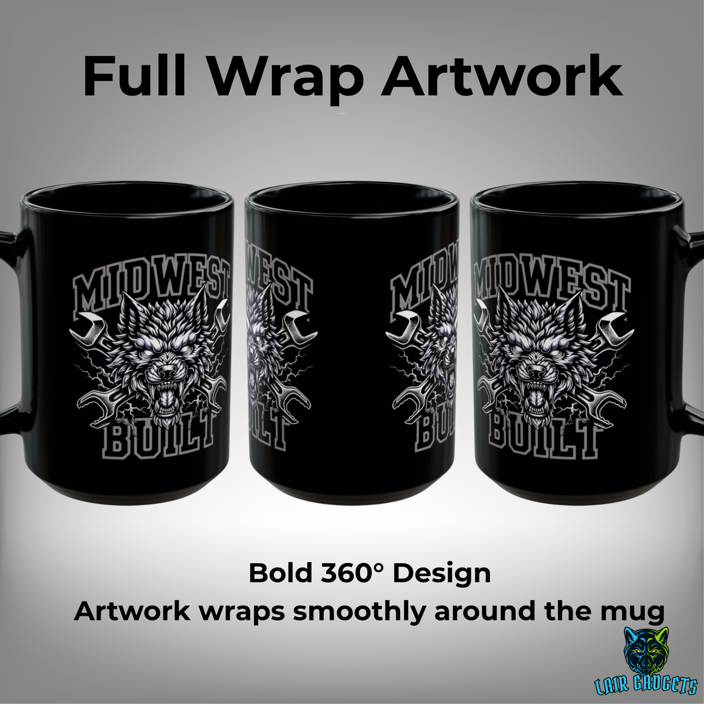 Mechanic Coffee Mug Midwest Built Wolf Design Black Ceramic 15 Oz Garage Gift by Lair Gadgets