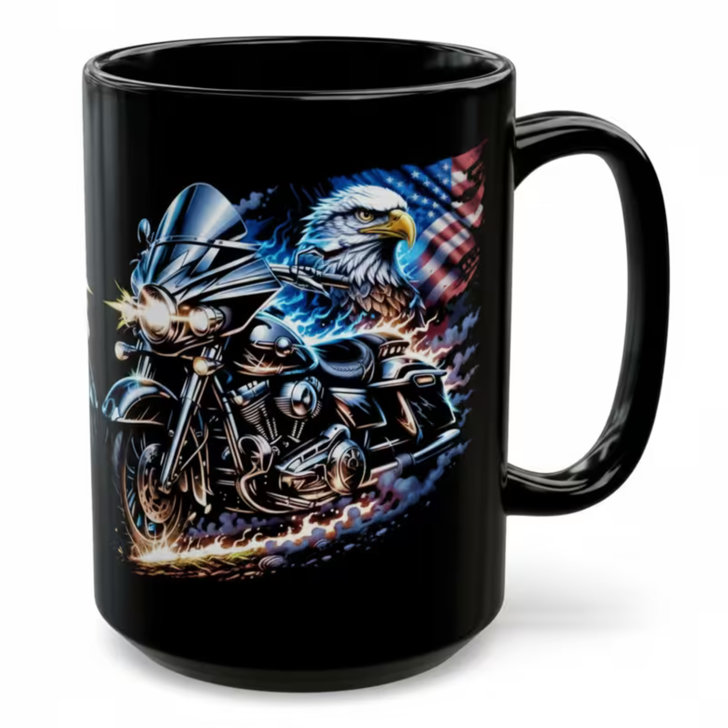 Motorcycle American Flag Coffee Mug – Chrome Freedom Eagle Patriotic Biker Mug 15oz Black Ceramic Cup – by Lair Gadgets