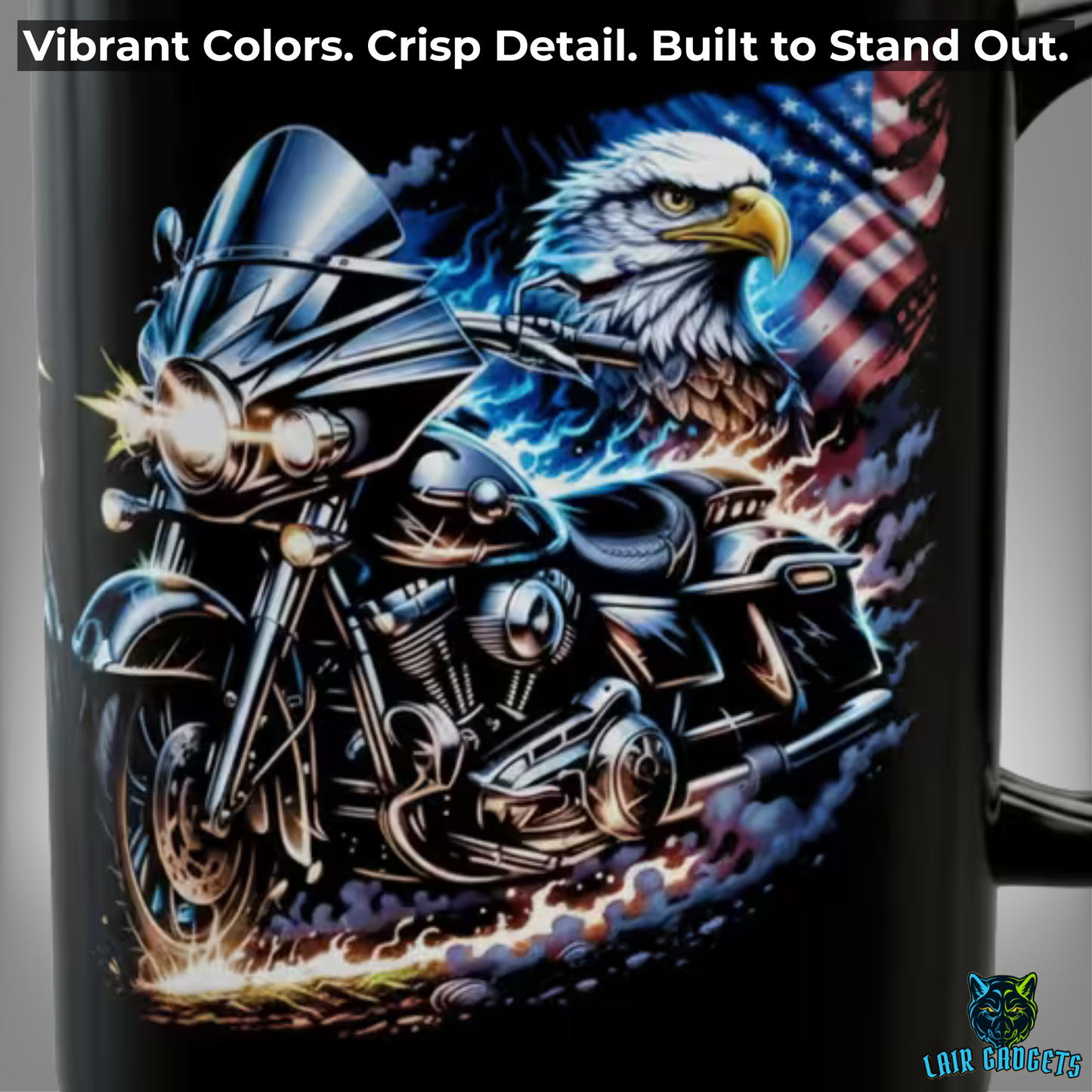 Motorcycle American Flag Coffee Mug – Chrome Freedom Eagle Patriotic Biker Mug 15oz Black Ceramic Cup – by Lair Gadgets