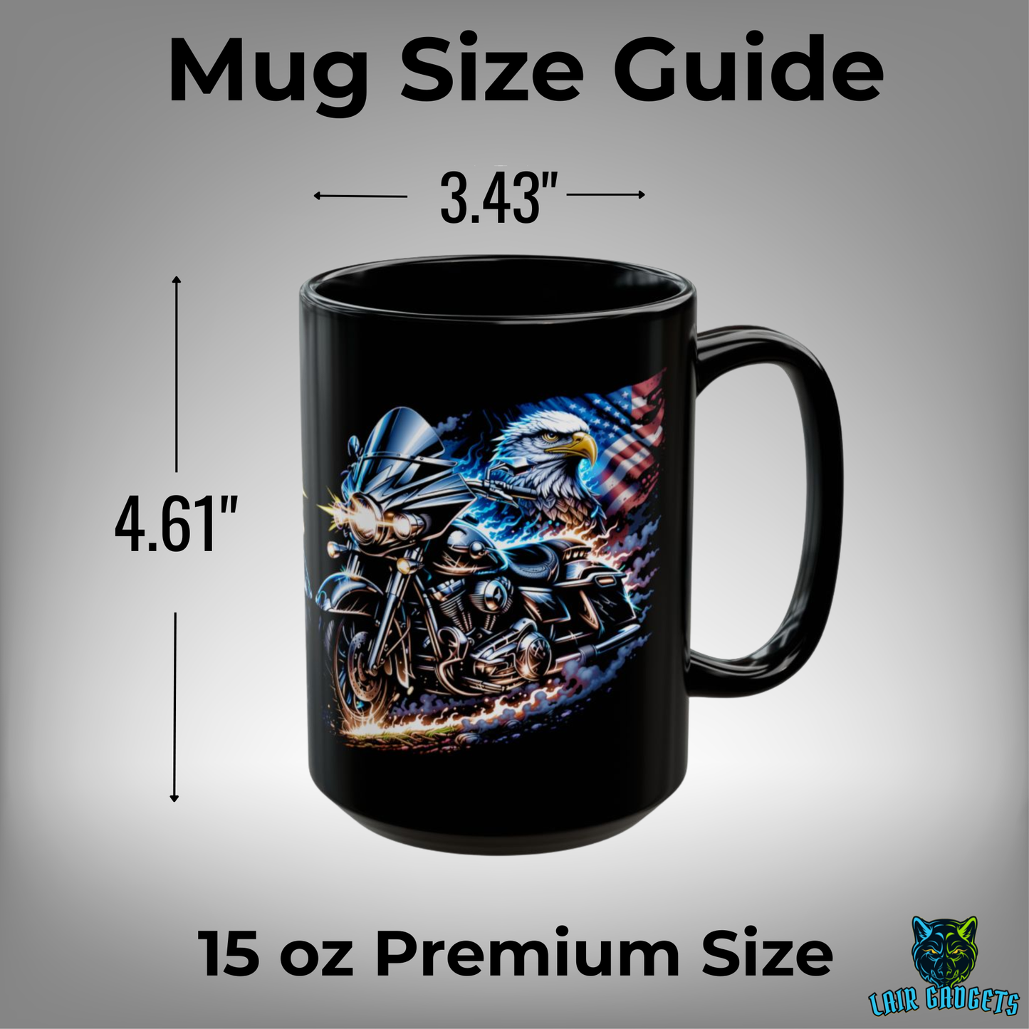 Motorcycle American Flag Coffee Mug – Chrome Freedom Eagle Patriotic Biker Mug 15oz Black Ceramic Cup – by Lair Gadgets
