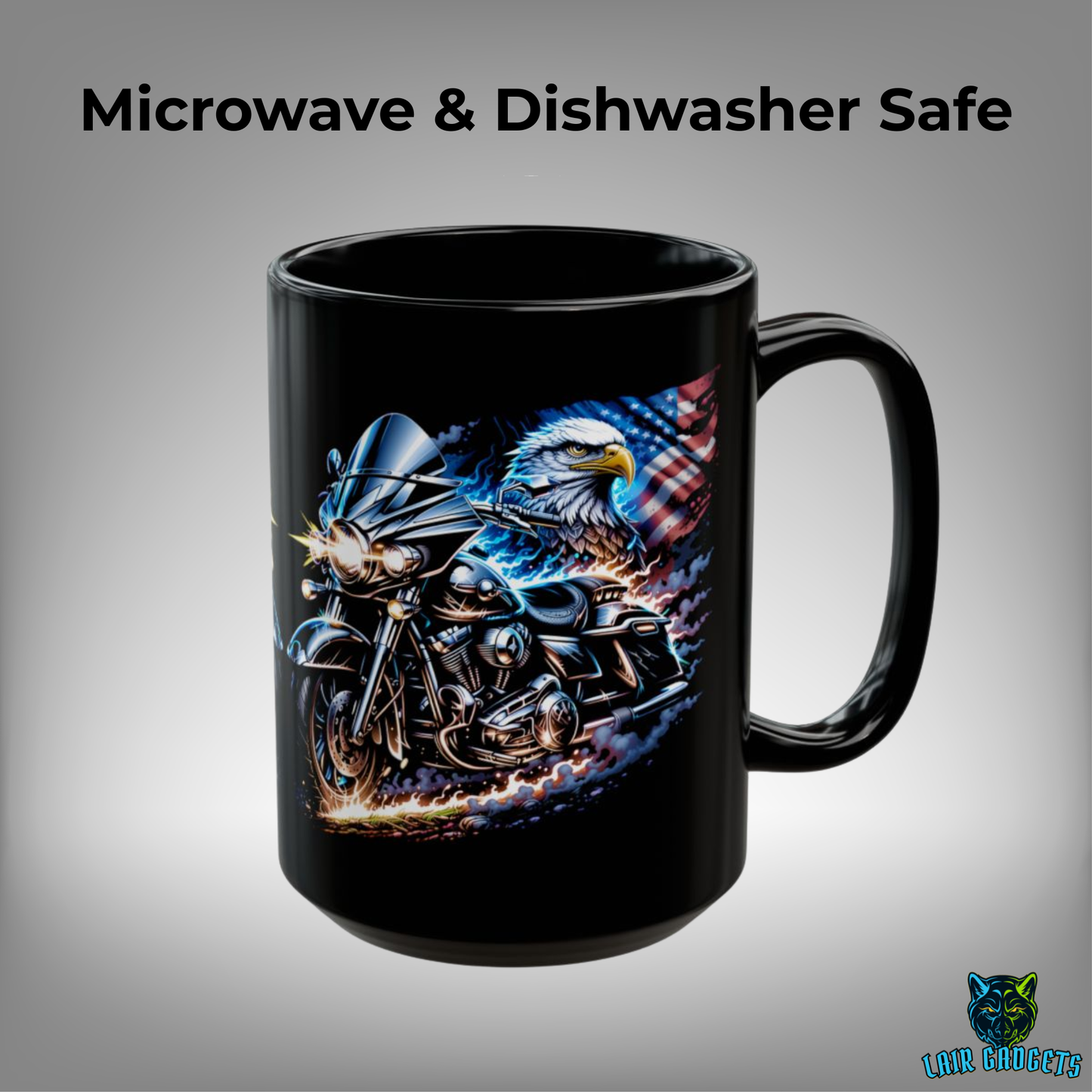Motorcycle American Flag Coffee Mug – Chrome Freedom Eagle Patriotic Biker Mug 15oz Black Ceramic Cup – by Lair Gadgets