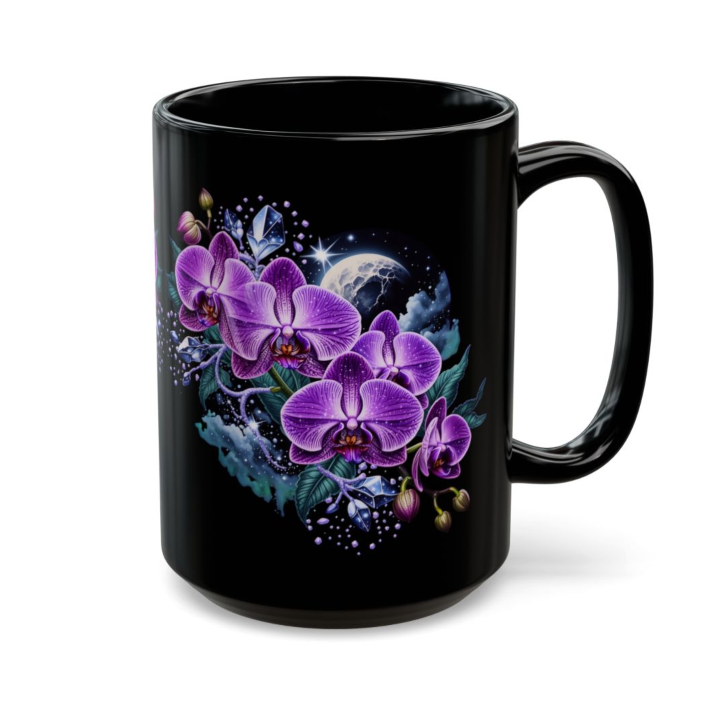 Orchid Coffee Mug Moonlit Purple Floral Design Black Ceramic 15 Oz Gothic Gift by Lair Gadgets