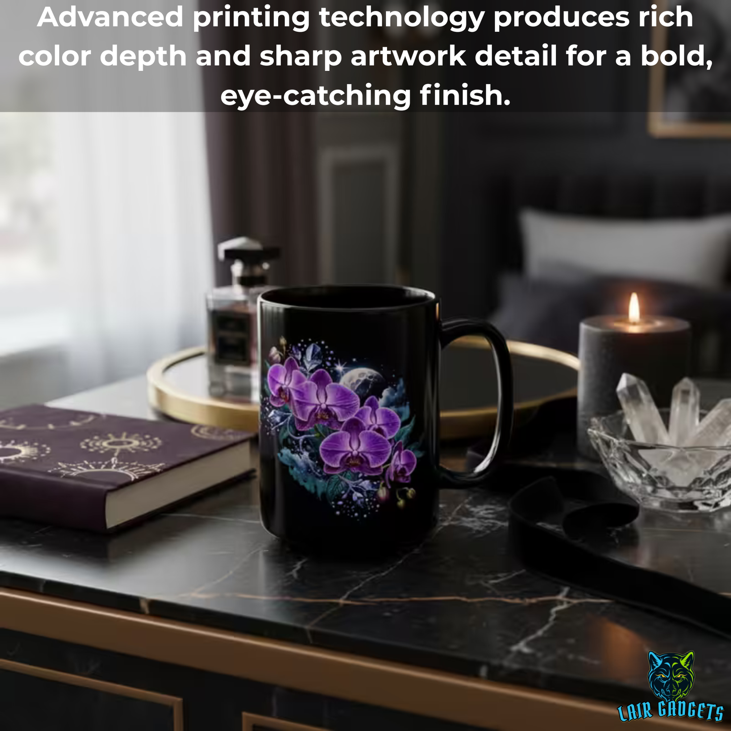Orchid Coffee Mug Moonlit Purple Floral Design Black Ceramic 15 Oz Gothic Gift by Lair Gadgets