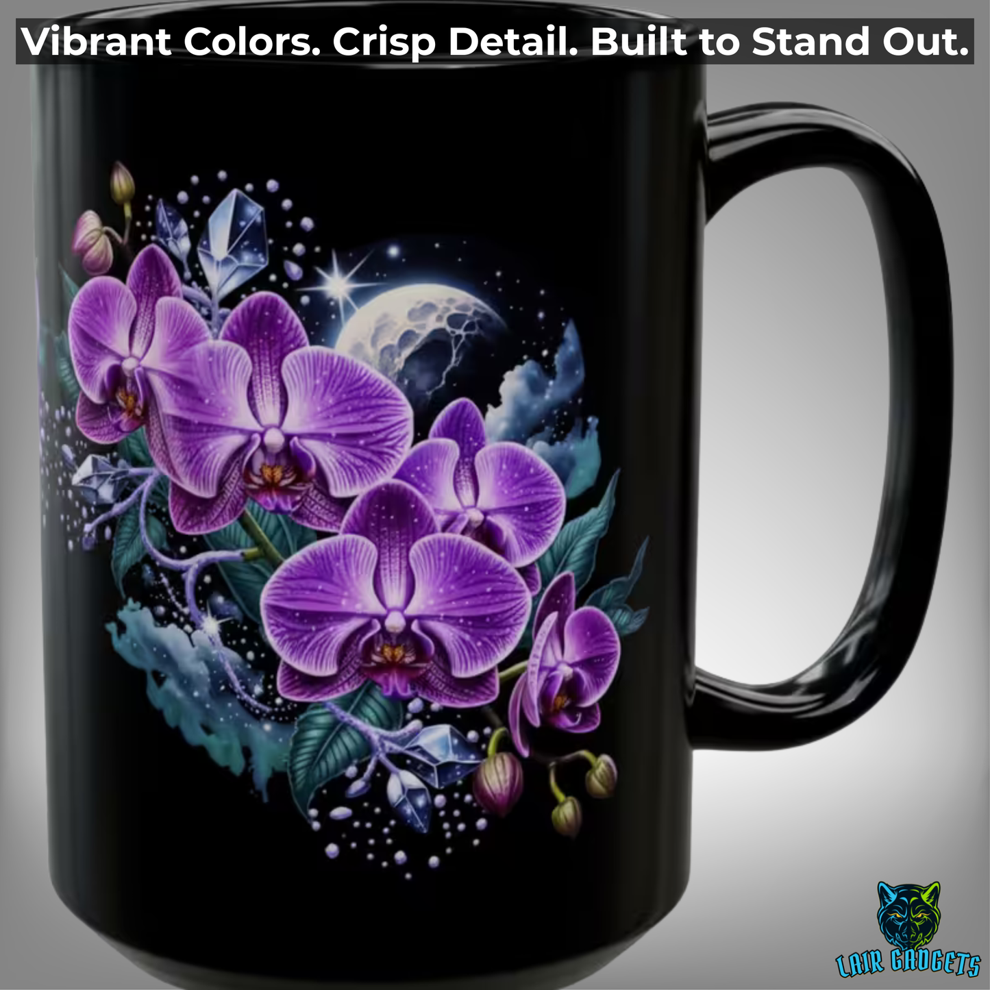 Orchid Coffee Mug Moonlit Purple Floral Design Black Ceramic 15 Oz Gothic Gift by Lair Gadgets