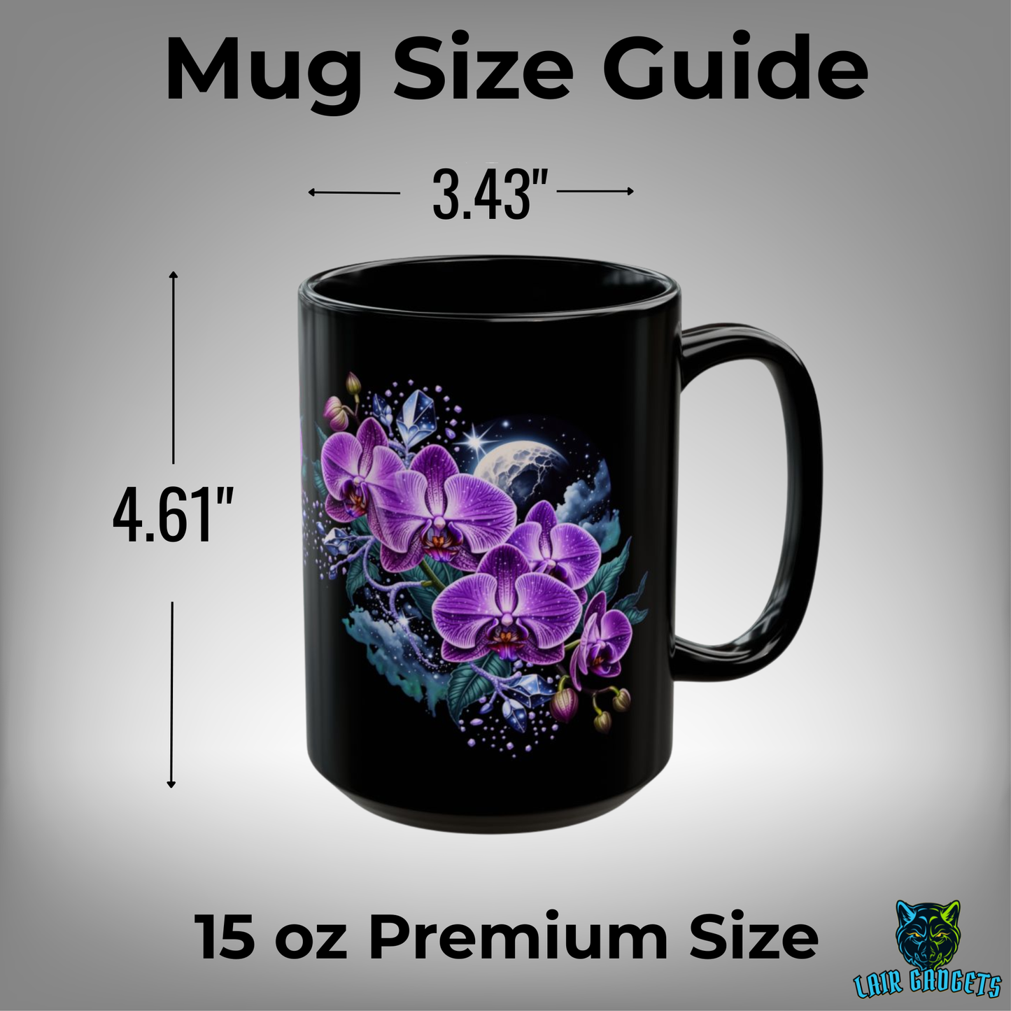 Orchid Coffee Mug Moonlit Purple Floral Design Black Ceramic 15 Oz Gothic Gift by Lair Gadgets