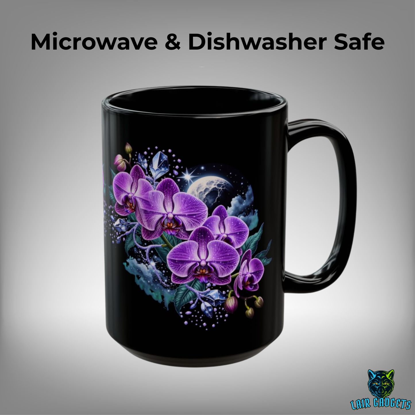 Orchid Coffee Mug Moonlit Purple Floral Design Black Ceramic 15 Oz Gothic Gift by Lair Gadgets