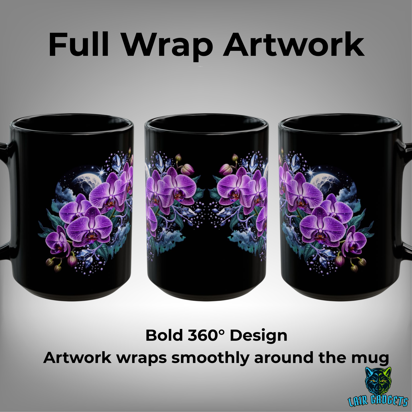 Orchid Coffee Mug Moonlit Purple Floral Design Black Ceramic 15 Oz Gothic Gift by Lair Gadgets