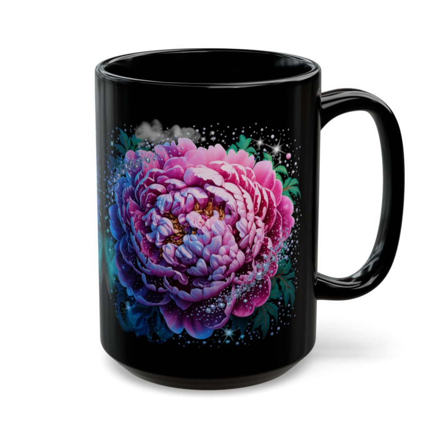 Floral Coffee Mug Pink Peony Blossom Design Black Ceramic 15 Oz Gothic Gift by Lair Gadgets