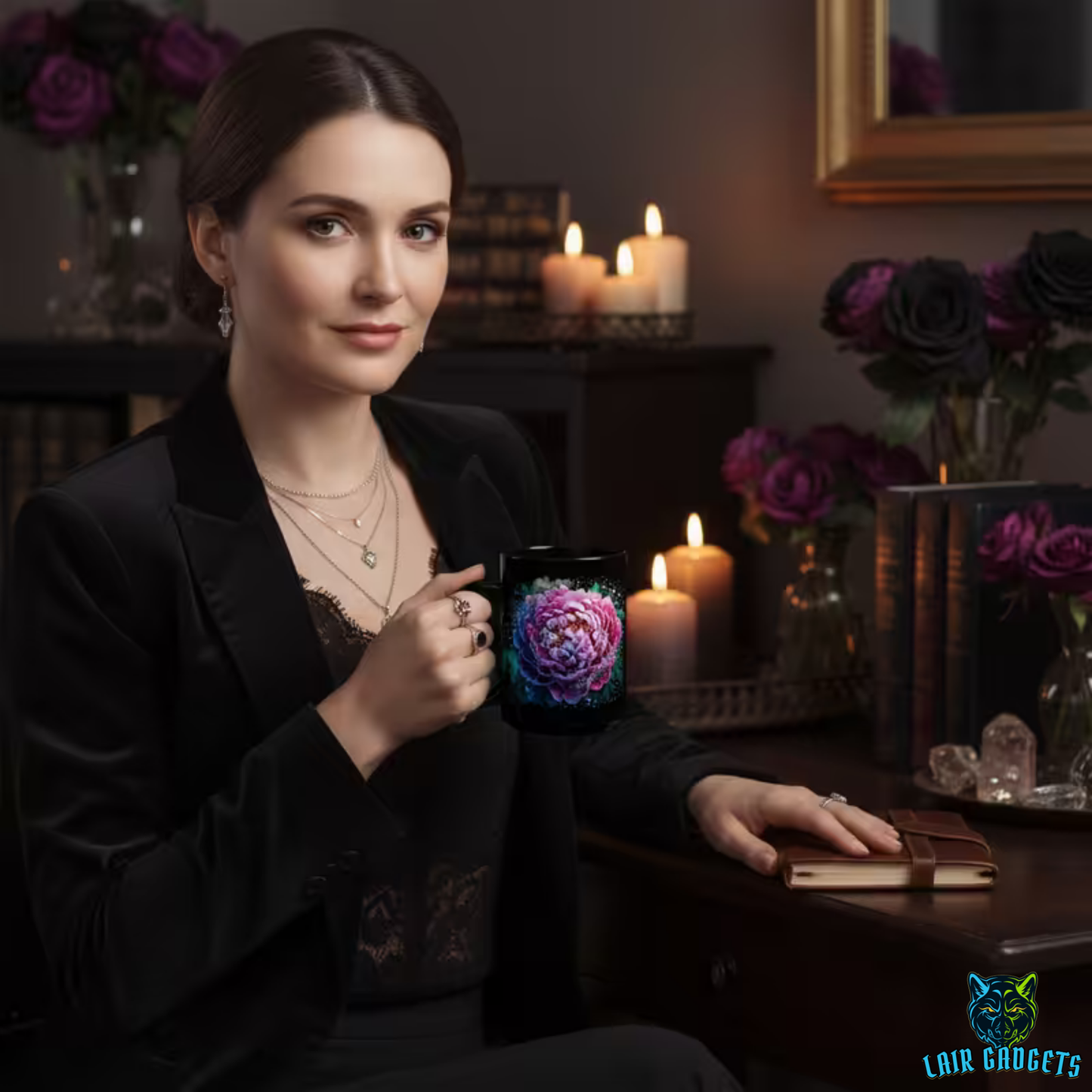 Floral Coffee Mug Pink Peony Blossom Design Black Ceramic 15 Oz Gothic Gift by Lair Gadgets