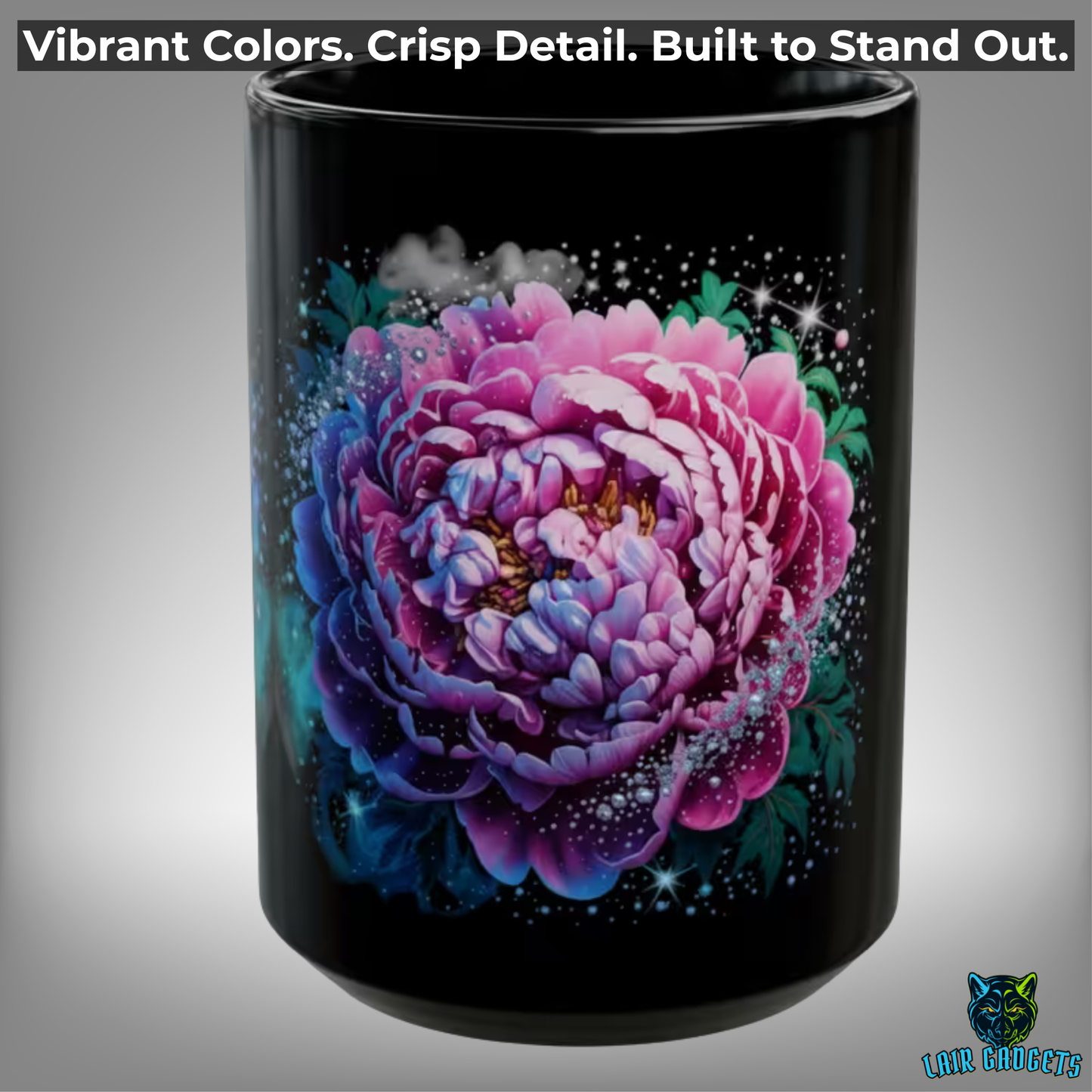 Floral Coffee Mug Pink Peony Blossom Design Black Ceramic 15 Oz Gothic Gift by Lair Gadgets