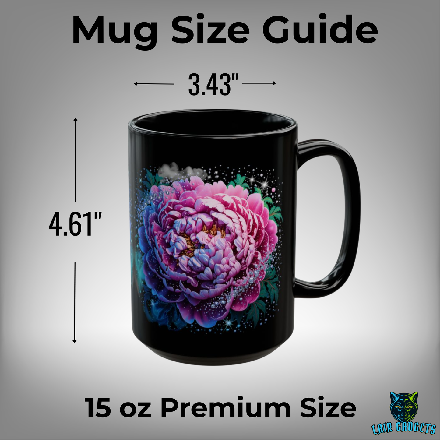 Floral Coffee Mug Pink Peony Blossom Design Black Ceramic 15 Oz Gothic Gift by Lair Gadgets