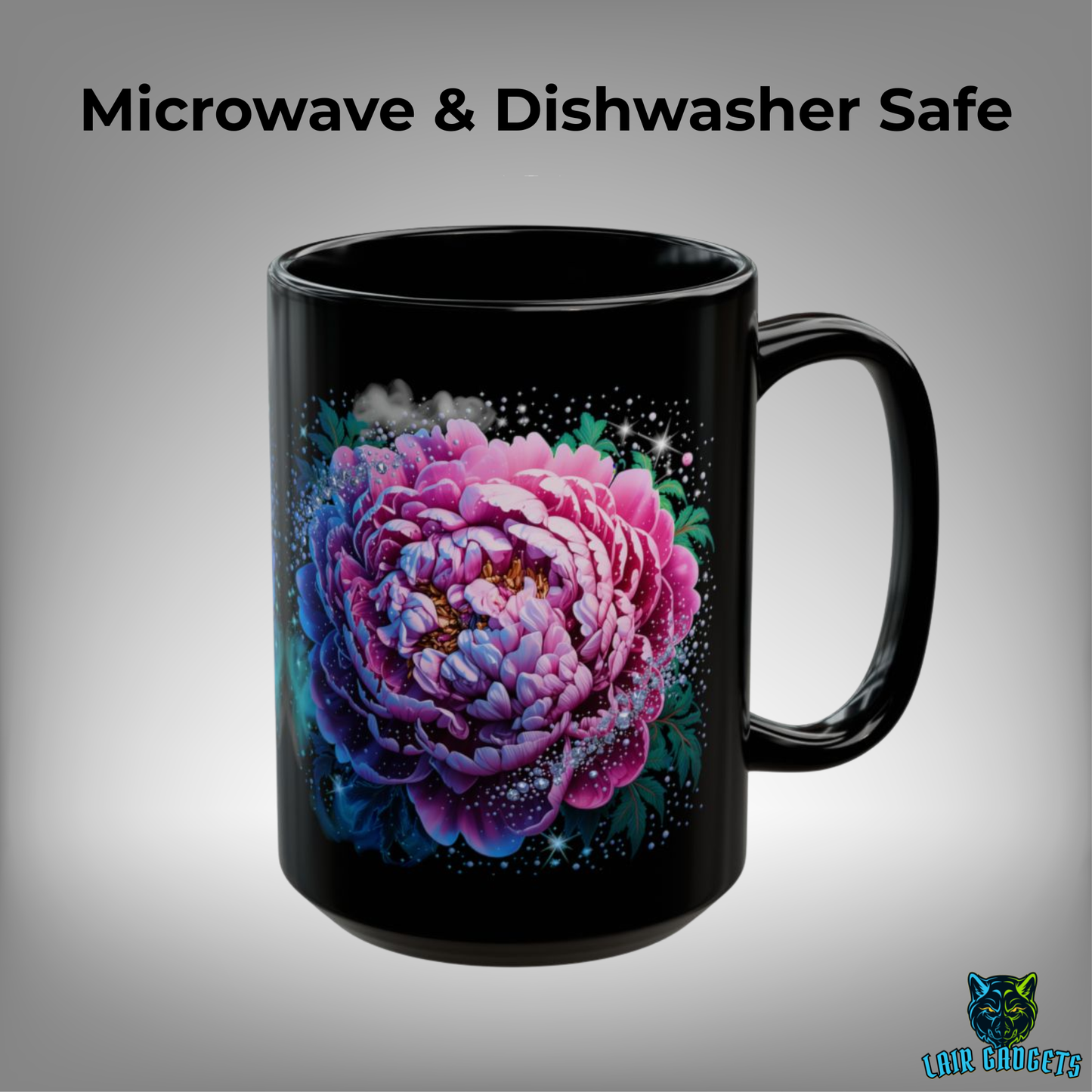Floral Coffee Mug Pink Peony Blossom Design Black Ceramic 15 Oz Gothic Gift by Lair Gadgets