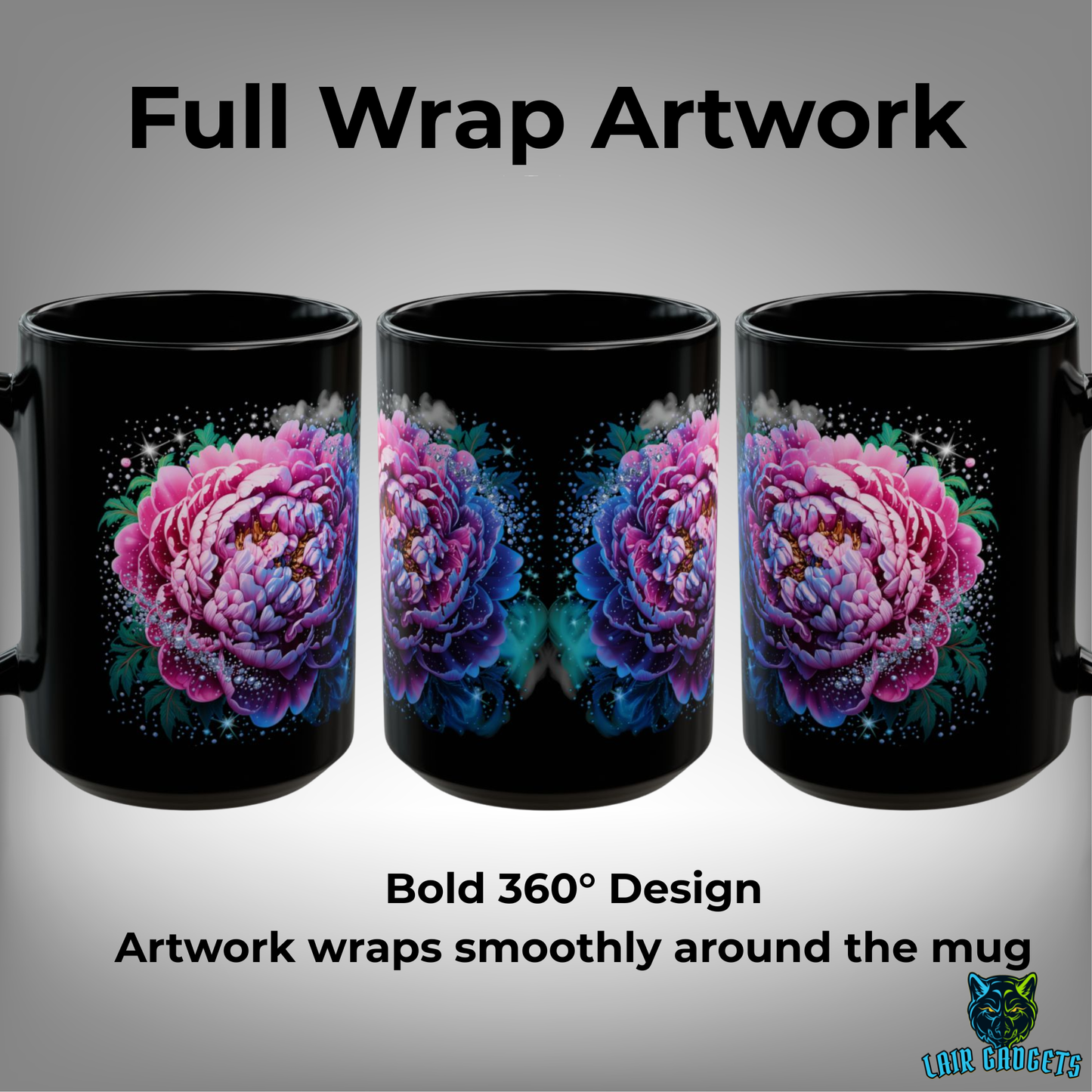 Floral Coffee Mug Pink Peony Blossom Design Black Ceramic 15 Oz Gothic Gift by Lair Gadgets