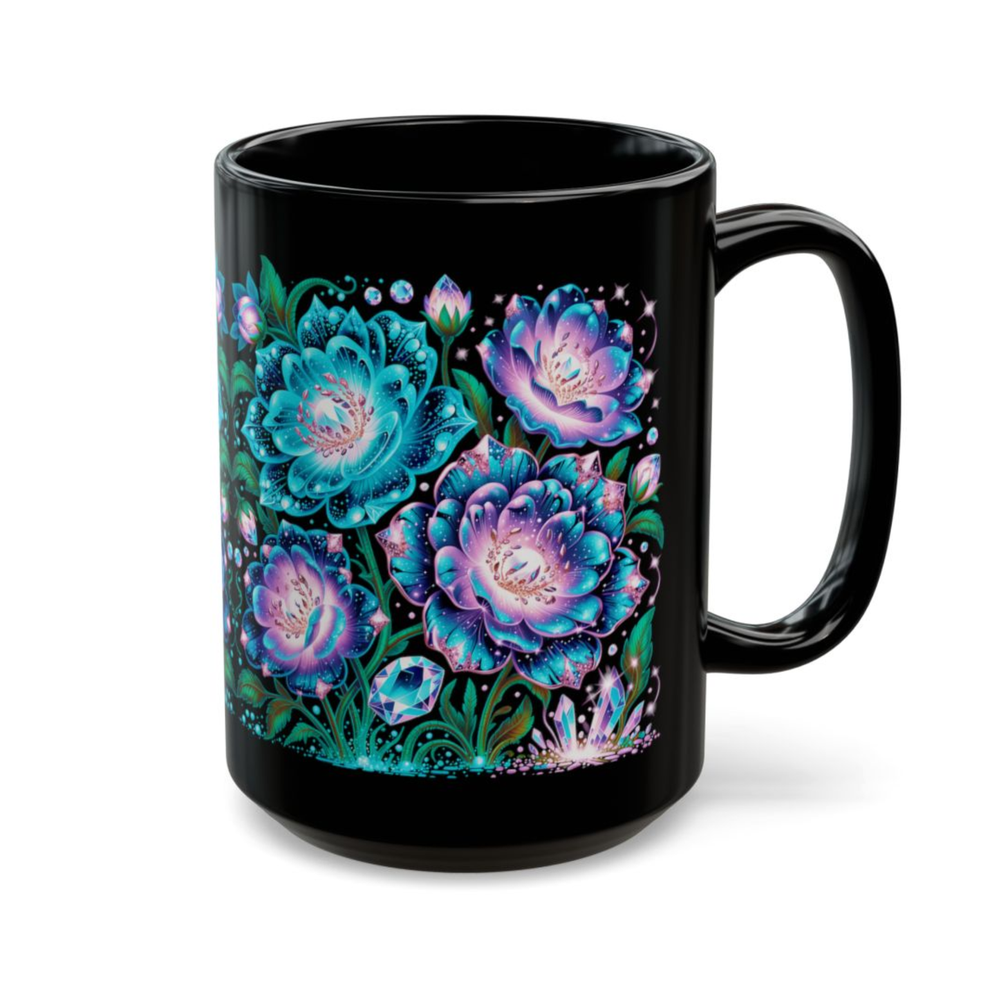 Floral Coffee Mug Teal Crystal Bloom Design Black Ceramic 15 Oz Gothic Gift by Lair Gadgets