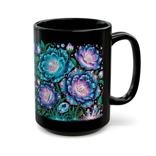 Floral Coffee Mug Teal Crystal Bloom Design Black Ceramic 15 Oz Gothic Gift by Lair Gadgets