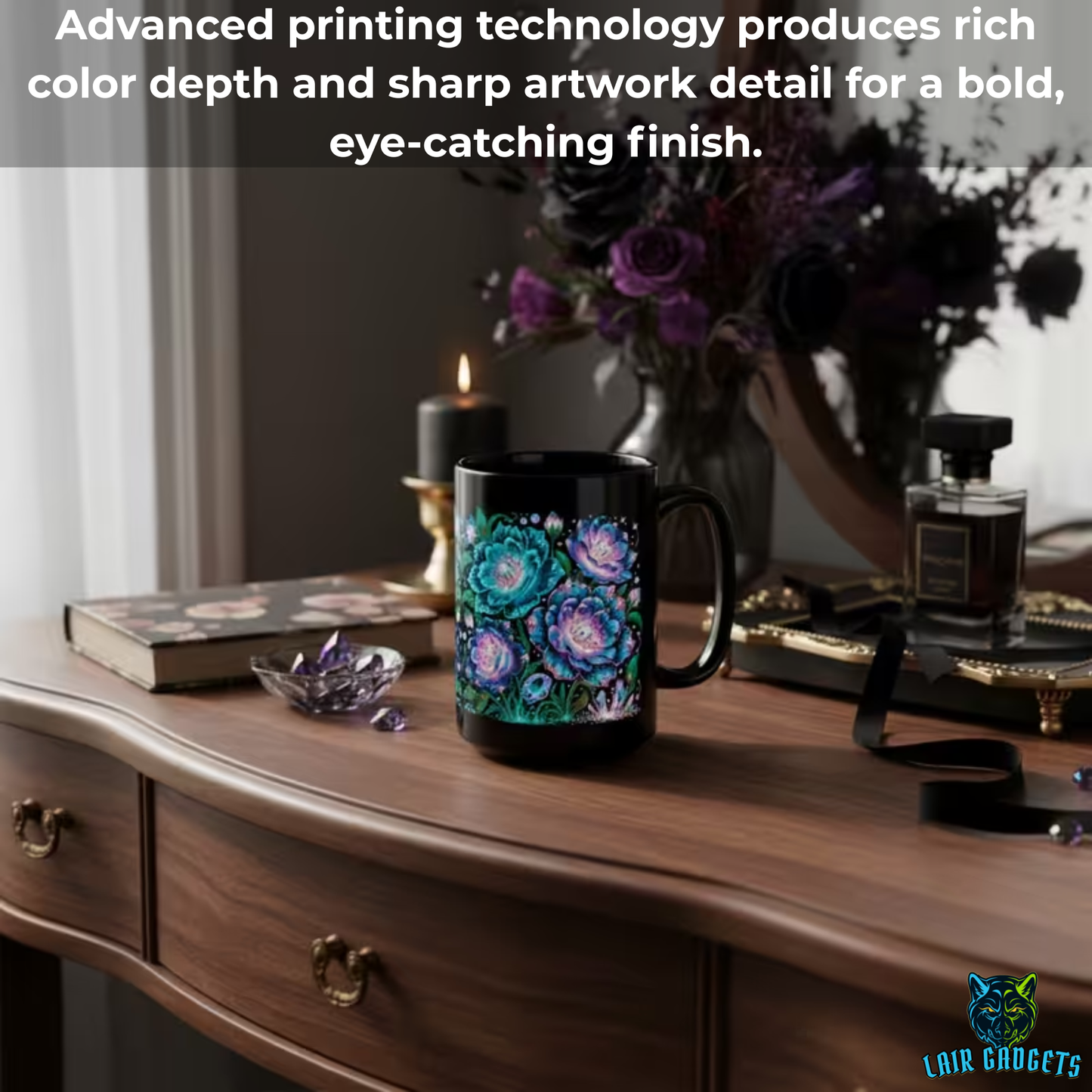 Floral Coffee Mug Teal Crystal Bloom Design Black Ceramic 15 Oz Gothic Gift by Lair Gadgets