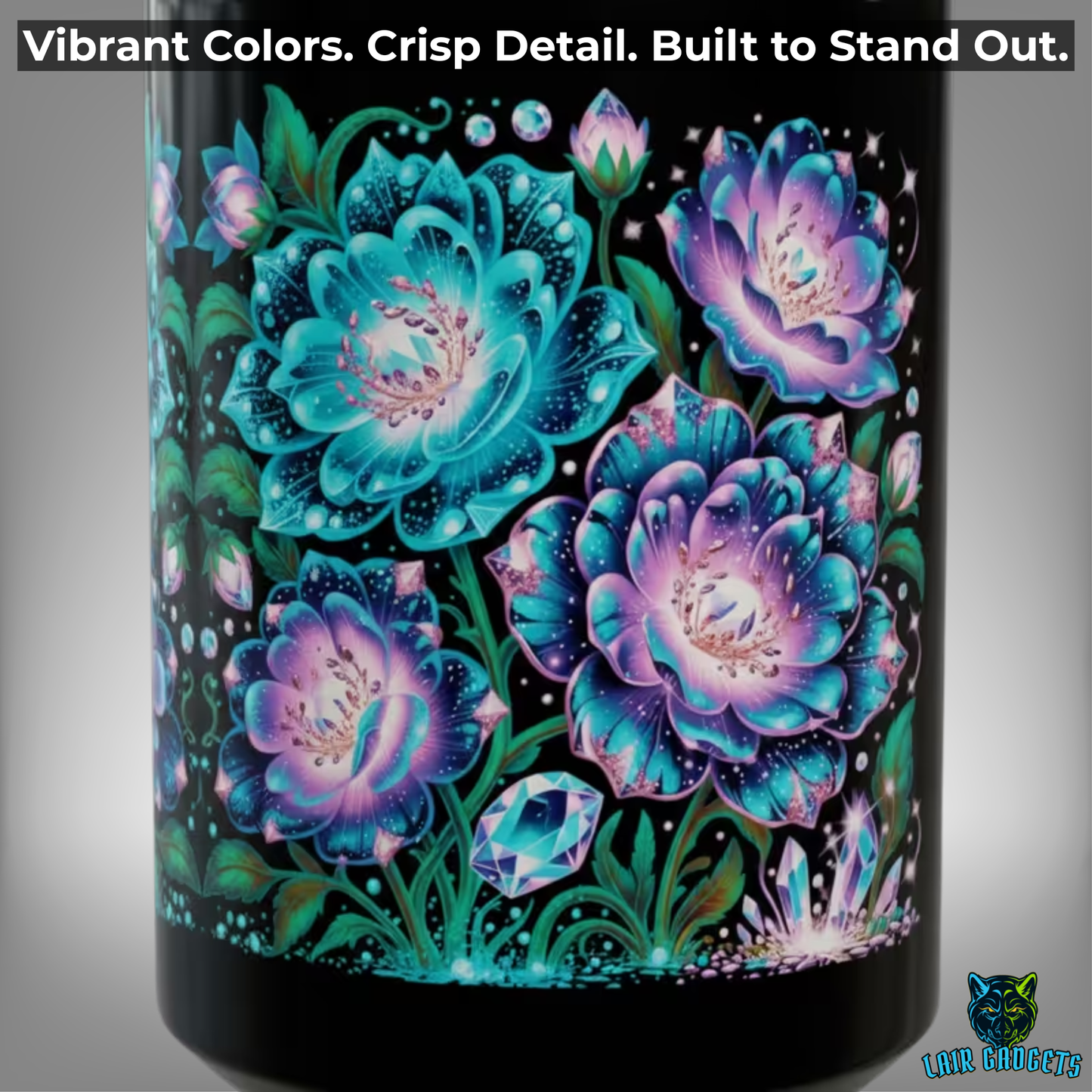 Floral Coffee Mug Teal Crystal Bloom Design Black Ceramic 15 Oz Gothic Gift by Lair Gadgets