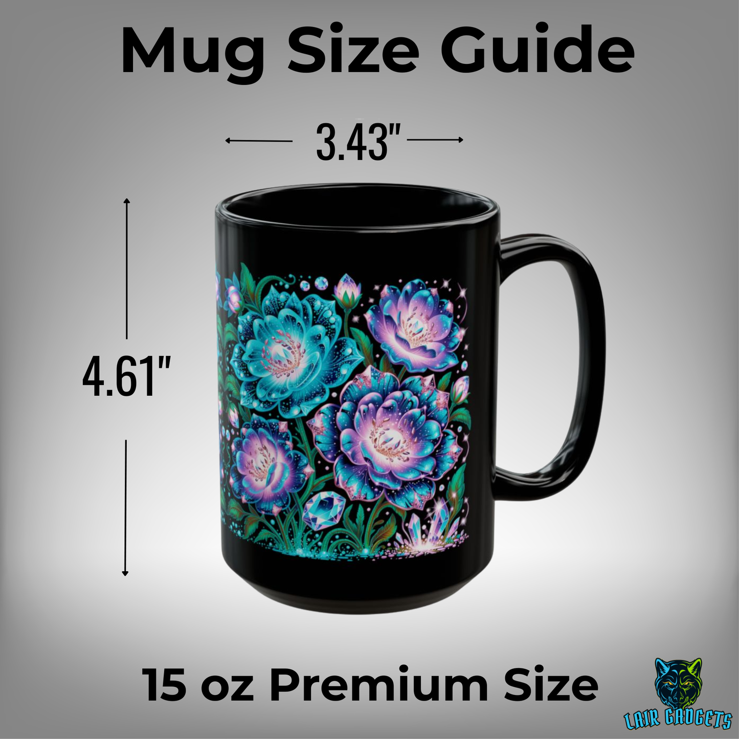 Floral Coffee Mug Teal Crystal Bloom Design Black Ceramic 15 Oz Gothic Gift by Lair Gadgets