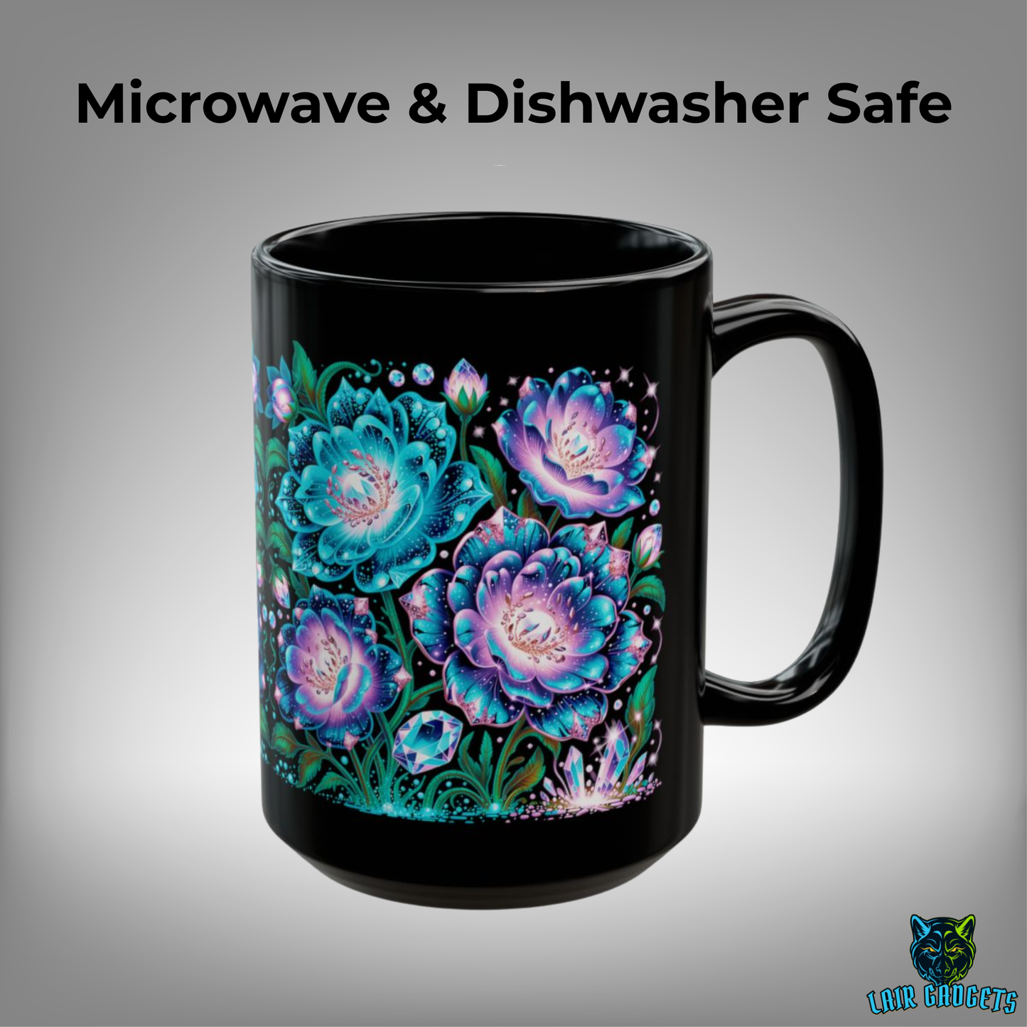 Floral Coffee Mug Teal Crystal Bloom Design Black Ceramic 15 Oz Gothic Gift by Lair Gadgets