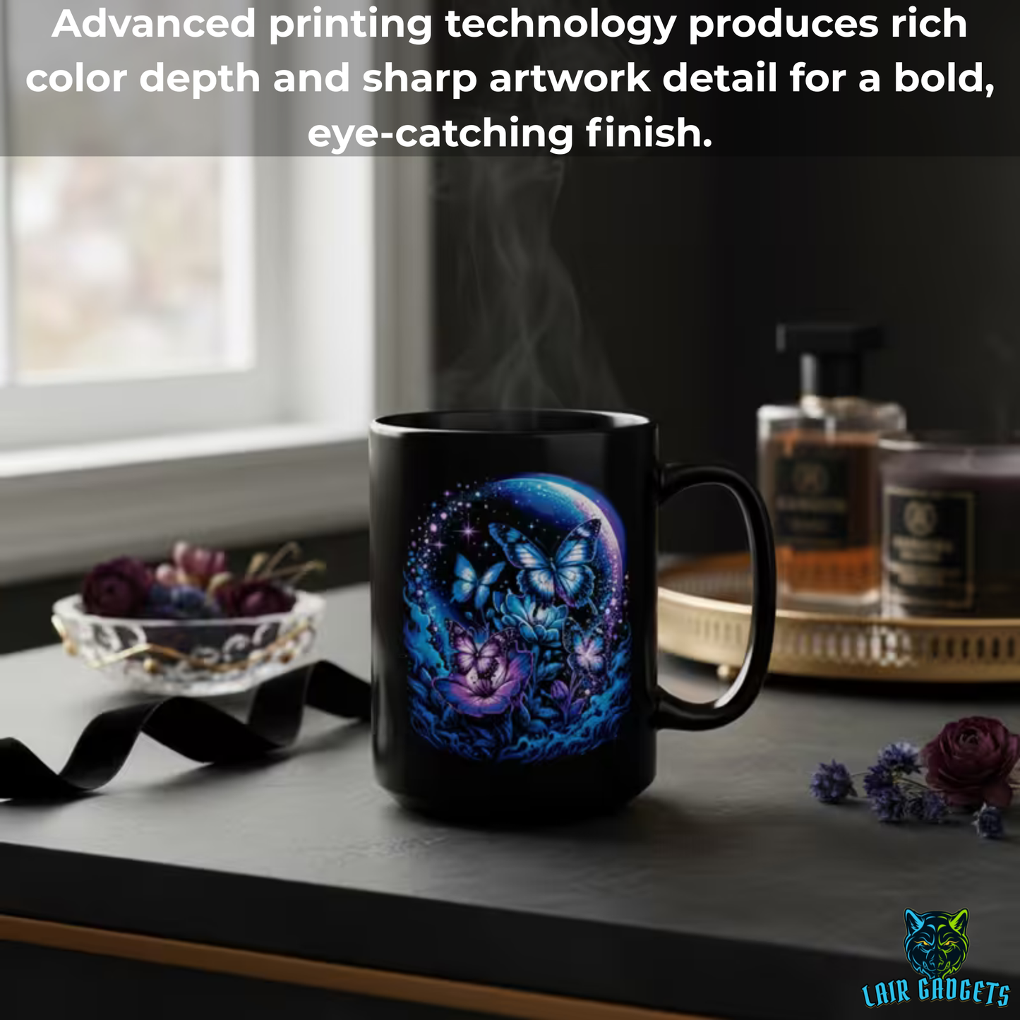 Butterfly Coffee Mug Moon Garden Design Black Ceramic 15 Oz Gothic Gift by Lair Gadgets