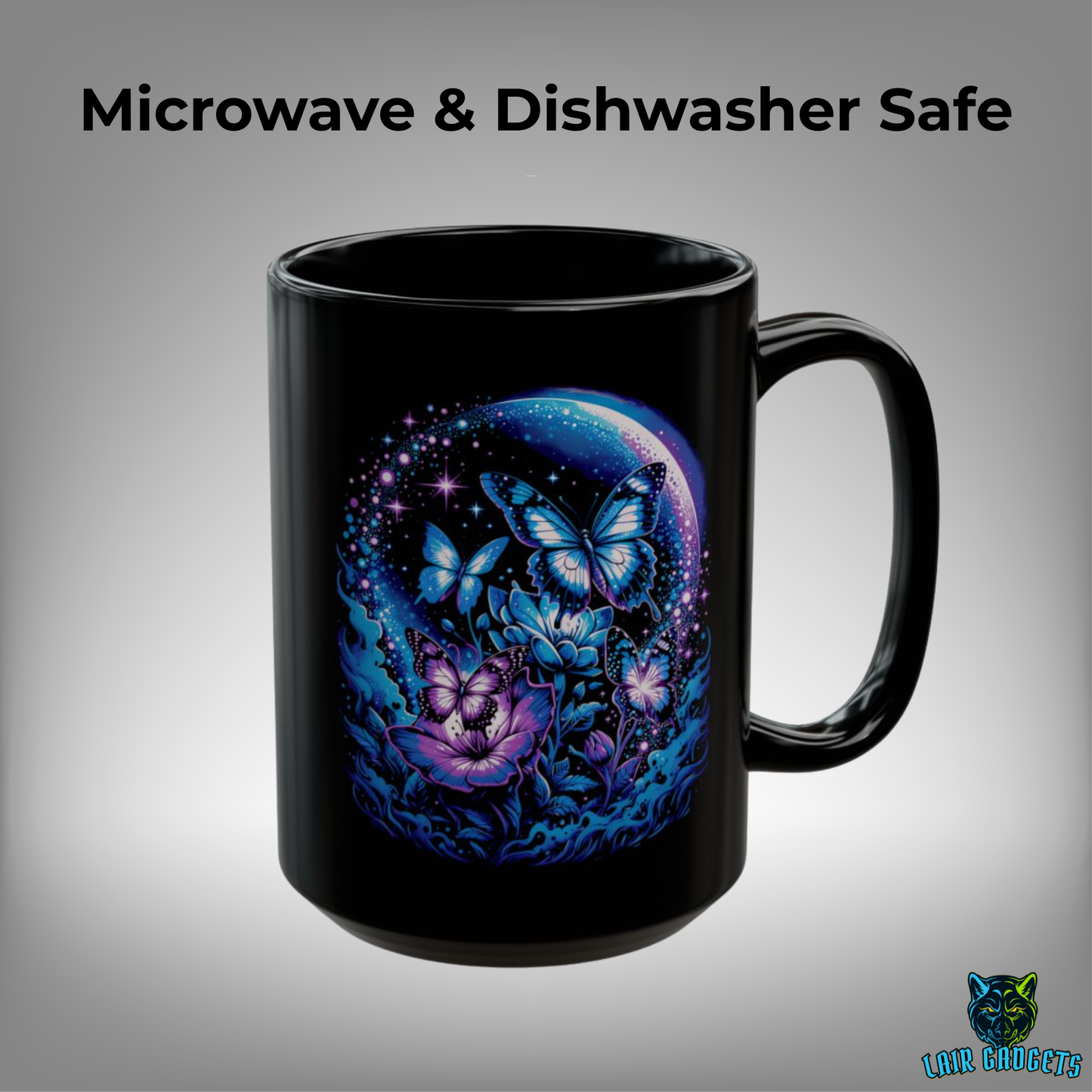 Butterfly Coffee Mug Moon Garden Design Black Ceramic 15 Oz Gothic Gift by Lair Gadgets