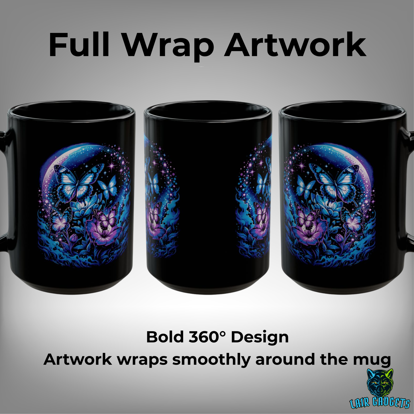 Butterfly Coffee Mug Moon Garden Design Black Ceramic 15 Oz Gothic Gift by Lair Gadgets