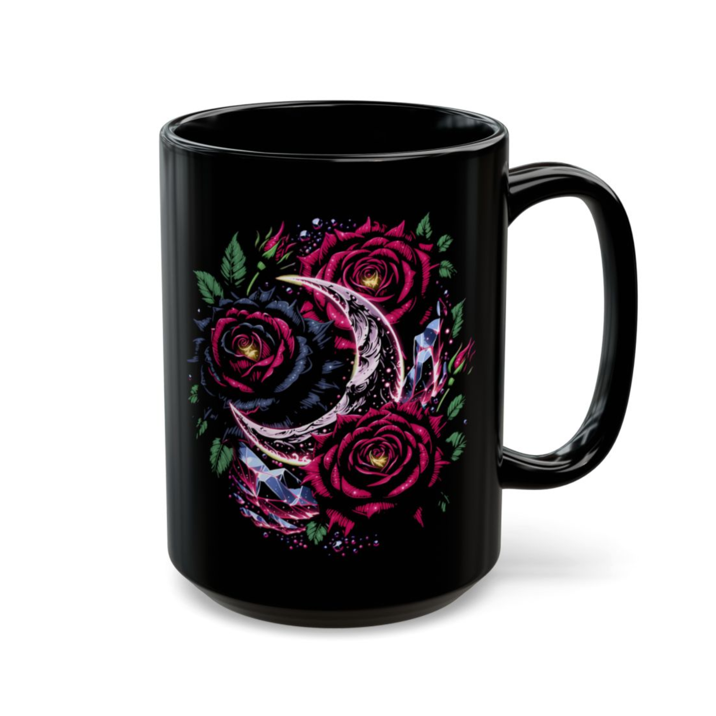 Rose Coffee Mug Crescent Moon Design Black Ceramic 15 Oz Gothic Floral Gift by Lair Gadgets