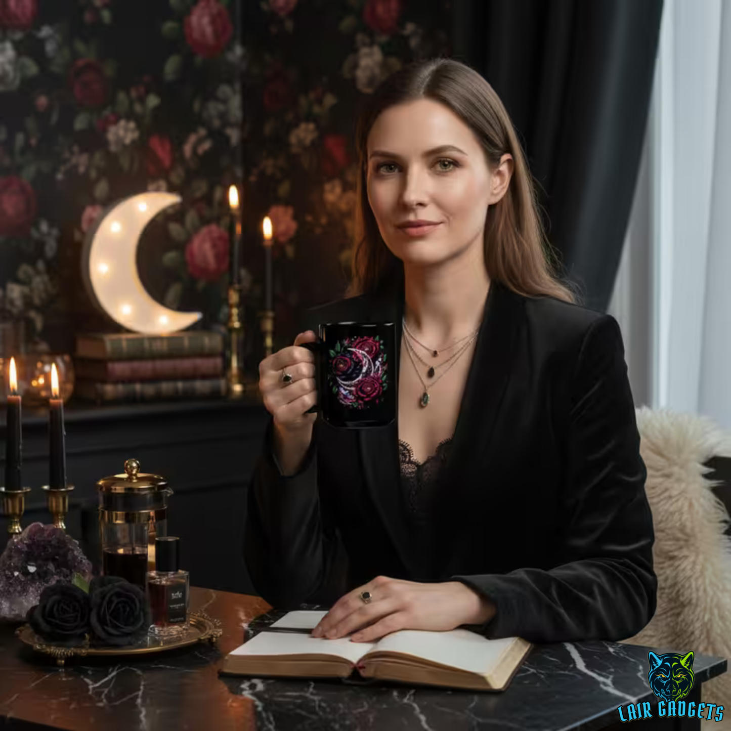 Rose Coffee Mug Crescent Moon Design Black Ceramic 15 Oz Gothic Floral Gift by Lair Gadgets