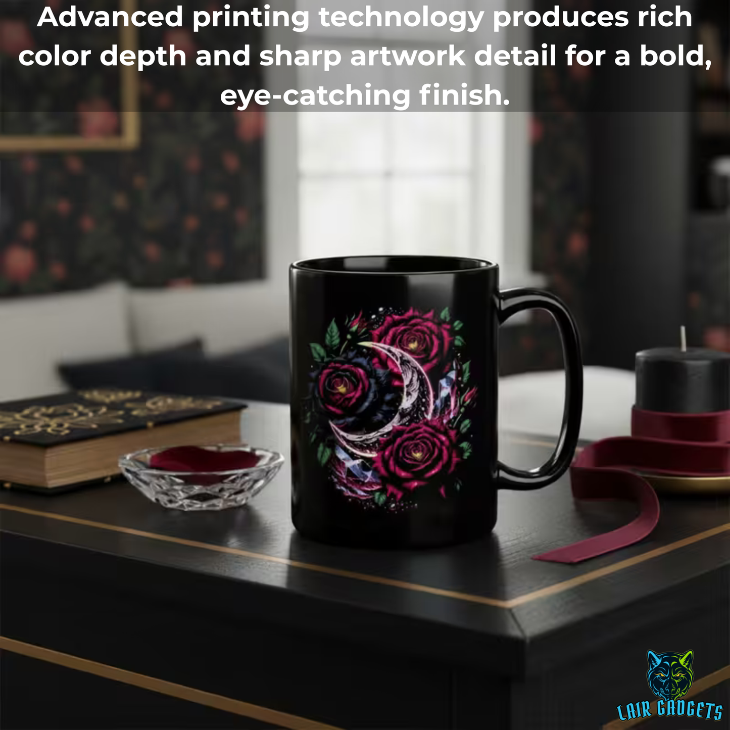 Rose Coffee Mug Crescent Moon Design Black Ceramic 15 Oz Gothic Floral Gift by Lair Gadgets