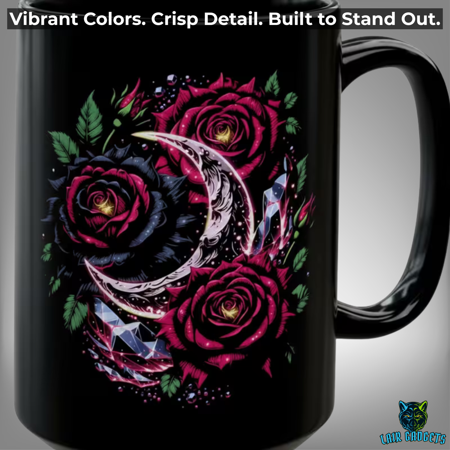 Rose Coffee Mug Crescent Moon Design Black Ceramic 15 Oz Gothic Floral Gift by Lair Gadgets