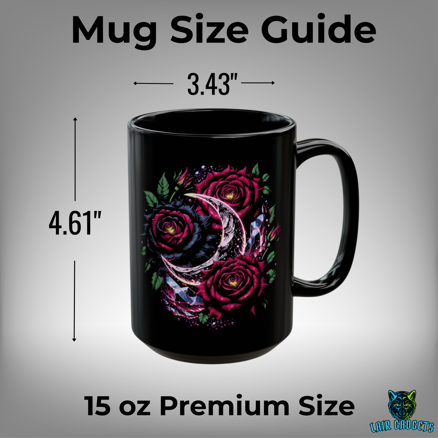 Rose Coffee Mug Crescent Moon Design Black Ceramic 15 Oz Gothic Floral Gift by Lair Gadgets