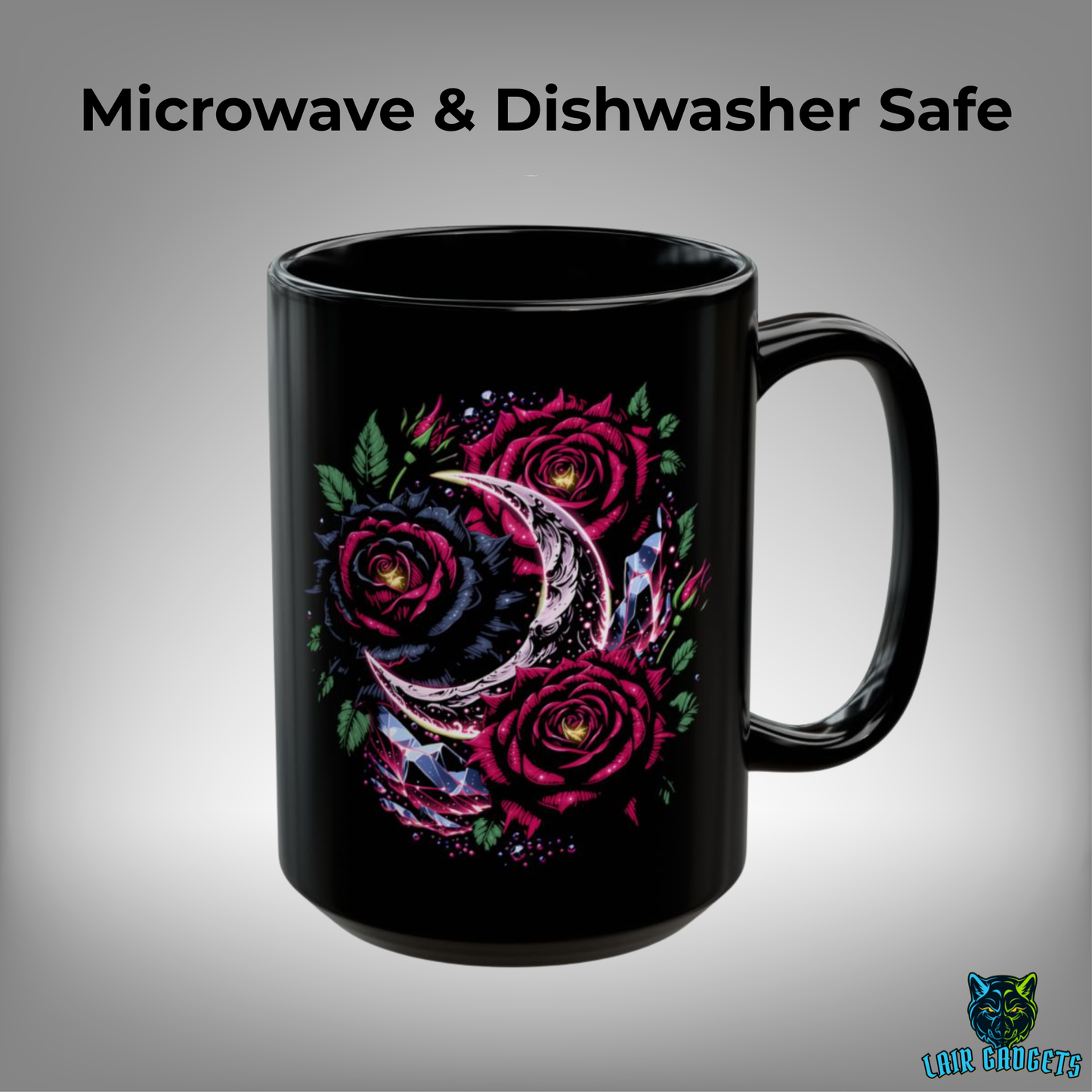 Rose Coffee Mug Crescent Moon Design Black Ceramic 15 Oz Gothic Floral Gift by Lair Gadgets