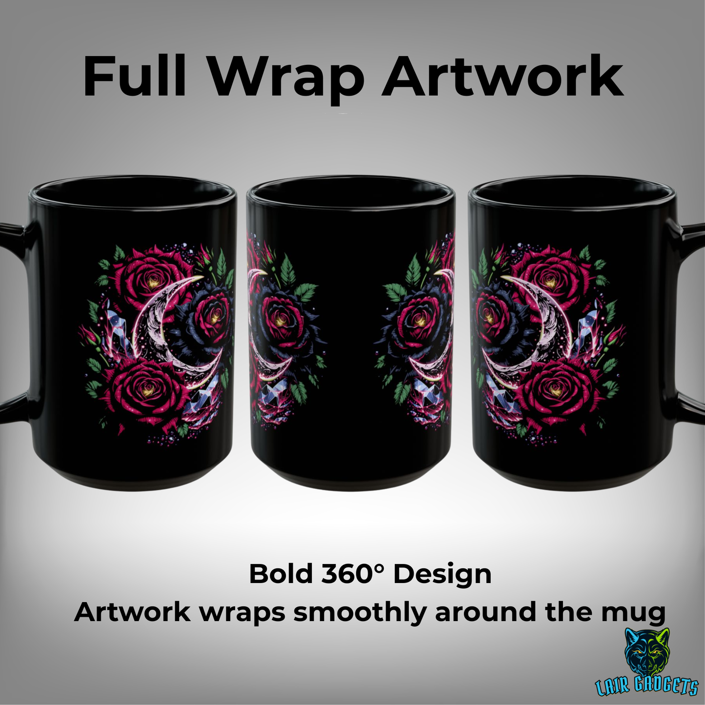 Rose Coffee Mug Crescent Moon Design Black Ceramic 15 Oz Gothic Floral Gift by Lair Gadgets