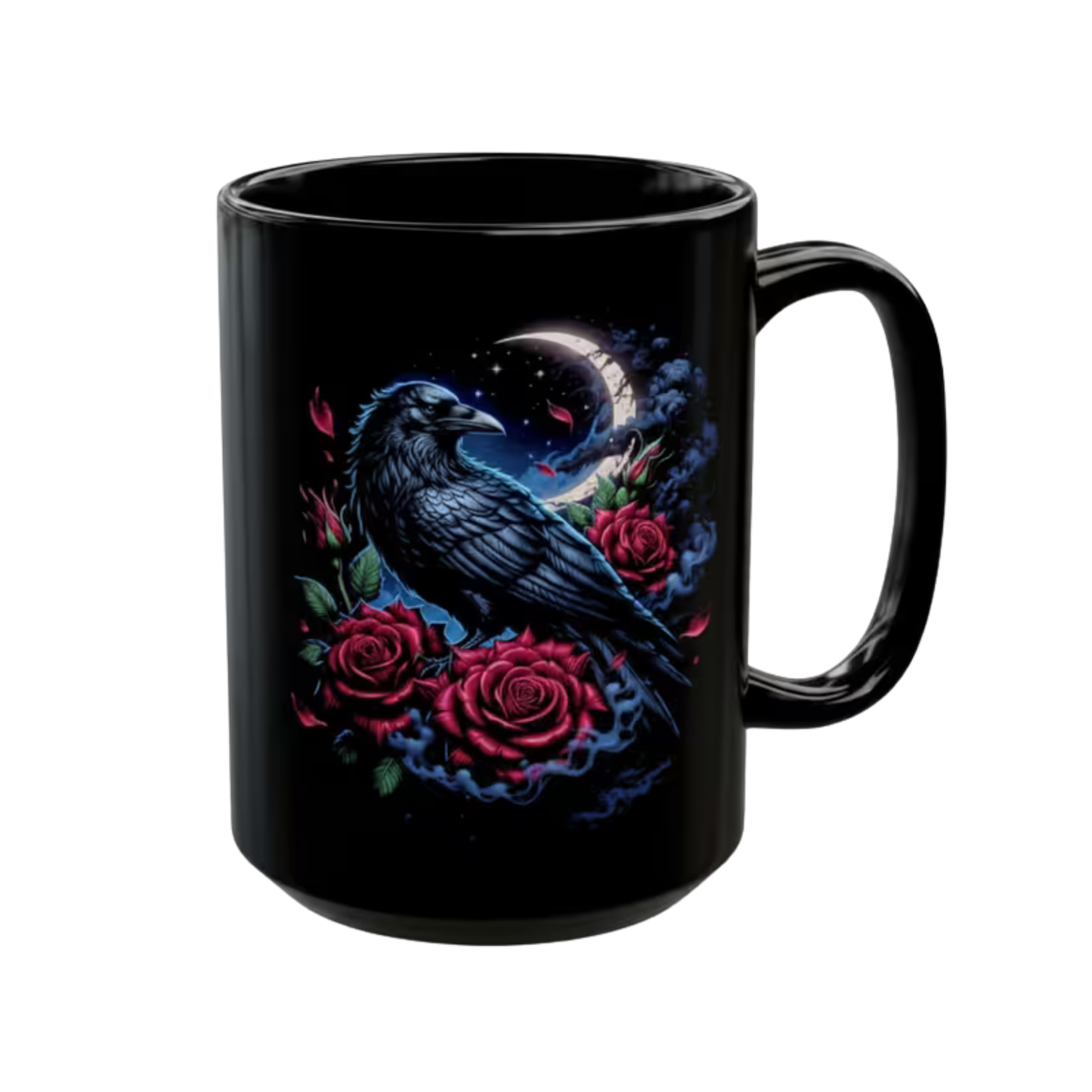Raven Coffee Mug Crescent Moon Rose Design Black Ceramic 15 Oz Gothic Gift by Lair Gadgets