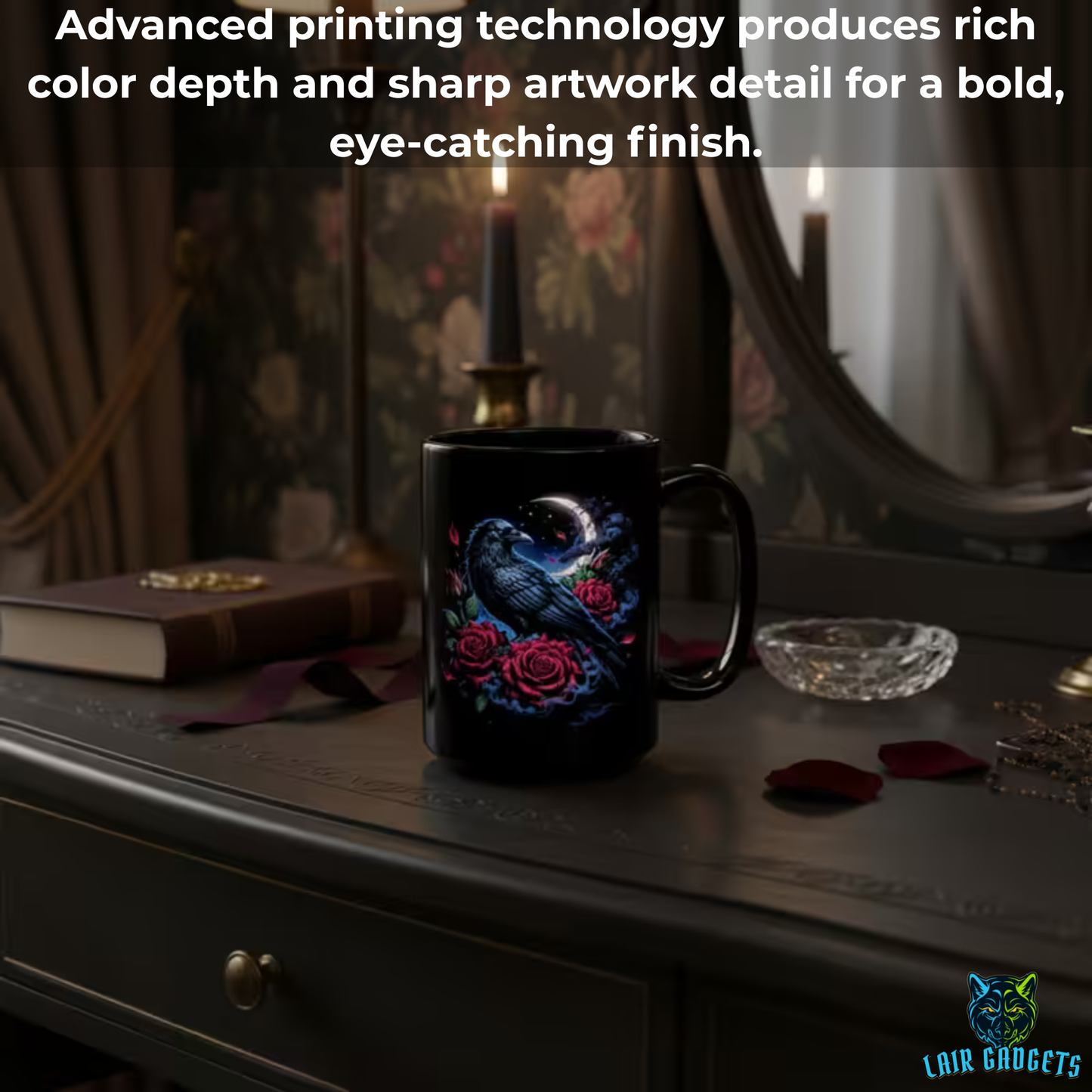Raven Coffee Mug Crescent Moon Rose Design Black Ceramic 15 Oz Gothic Gift by Lair Gadgets