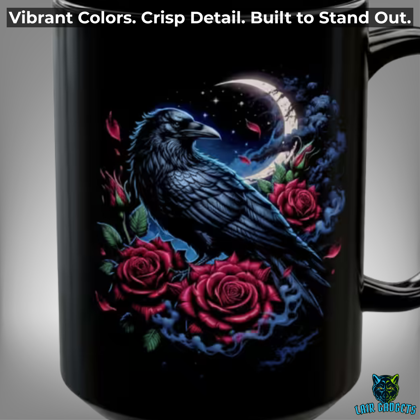 Raven Coffee Mug Crescent Moon Rose Design Black Ceramic 15 Oz Gothic Gift by Lair Gadgets