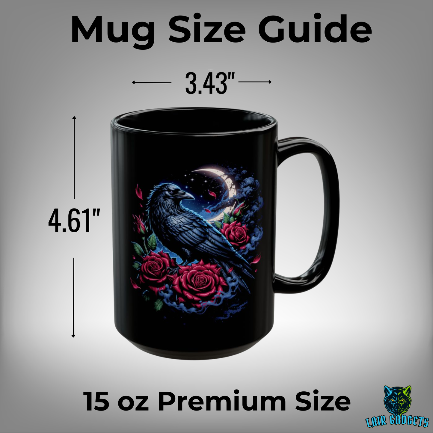 Raven Coffee Mug Crescent Moon Rose Design Black Ceramic 15 Oz Gothic Gift by Lair Gadgets