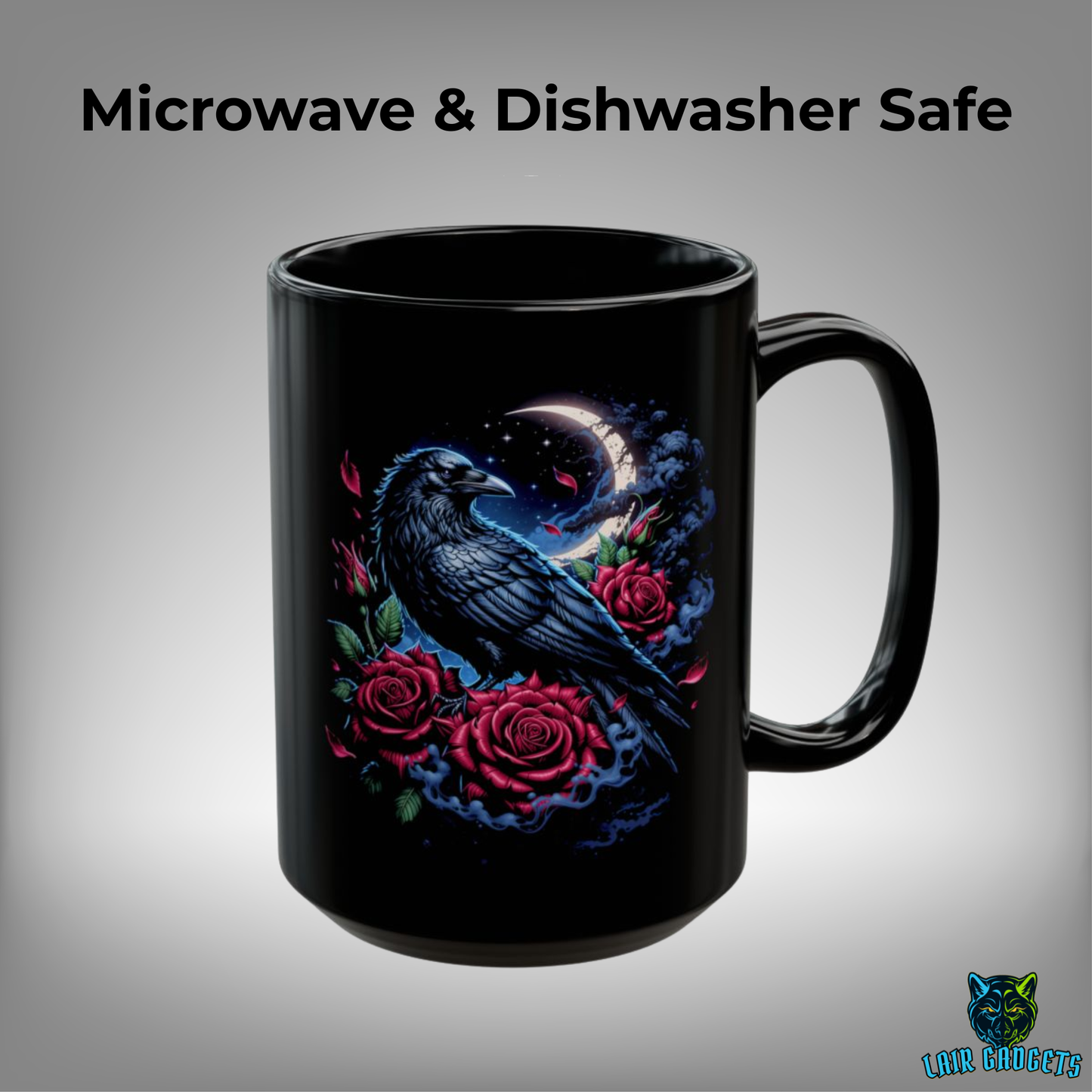 Raven Coffee Mug Crescent Moon Rose Design Black Ceramic 15 Oz Gothic Gift by Lair Gadgets