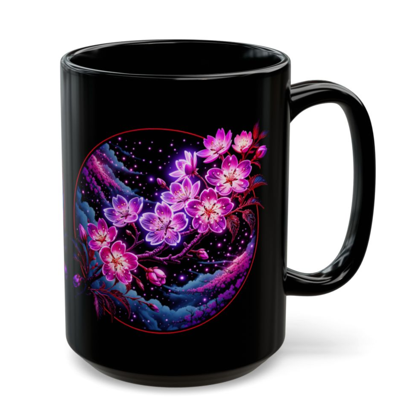 Cherry Blossom Mug Starry Night Floral Design Black Ceramic 15 Oz Gothic Gift by Lair Gadgets