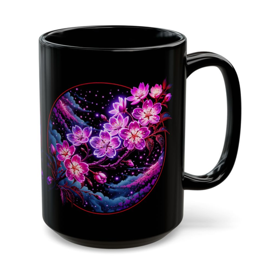 Cherry Blossom Mug Starry Night Floral Design Black Ceramic 15 Oz Gothic Gift by Lair Gadgets