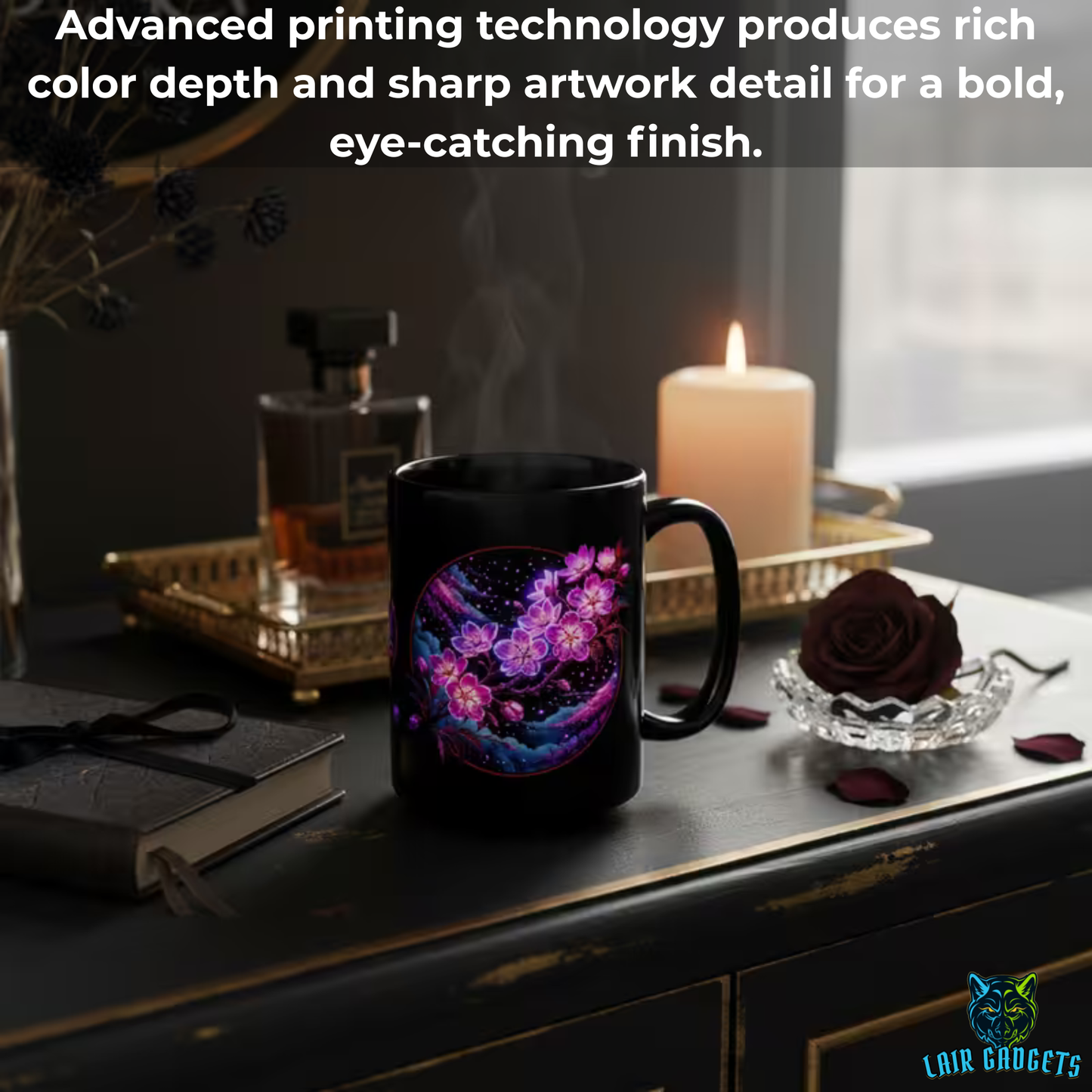 Cherry Blossom Mug Starry Night Floral Design Black Ceramic 15 Oz Gothic Gift by Lair Gadgets