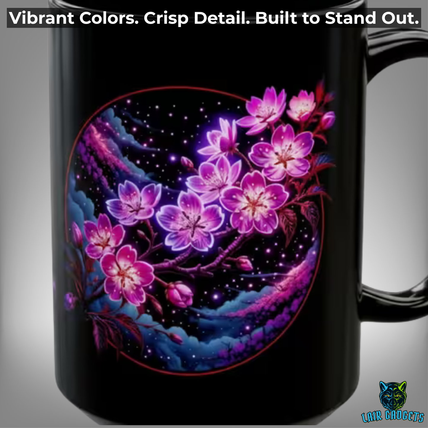 Cherry Blossom Mug Starry Night Floral Design Black Ceramic 15 Oz Gothic Gift by Lair Gadgets