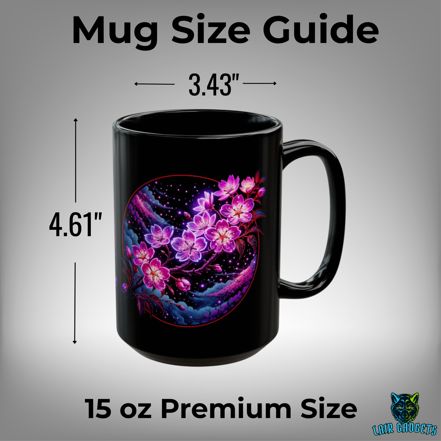 Cherry Blossom Mug Starry Night Floral Design Black Ceramic 15 Oz Gothic Gift by Lair Gadgets