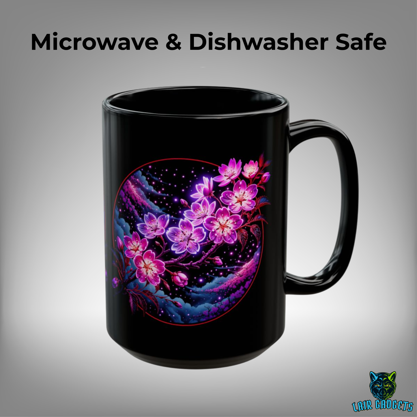 Cherry Blossom Mug Starry Night Floral Design Black Ceramic 15 Oz Gothic Gift by Lair Gadgets