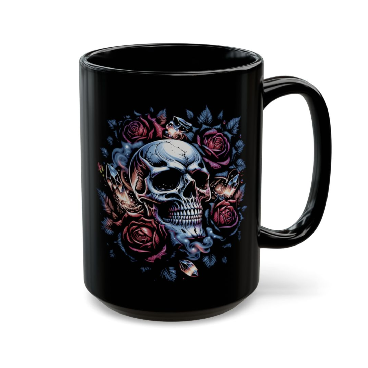 Skull Coffee Mug Rose Crystal Design Black Ceramic 15 Oz Gothic Gift by Lair Gadgets